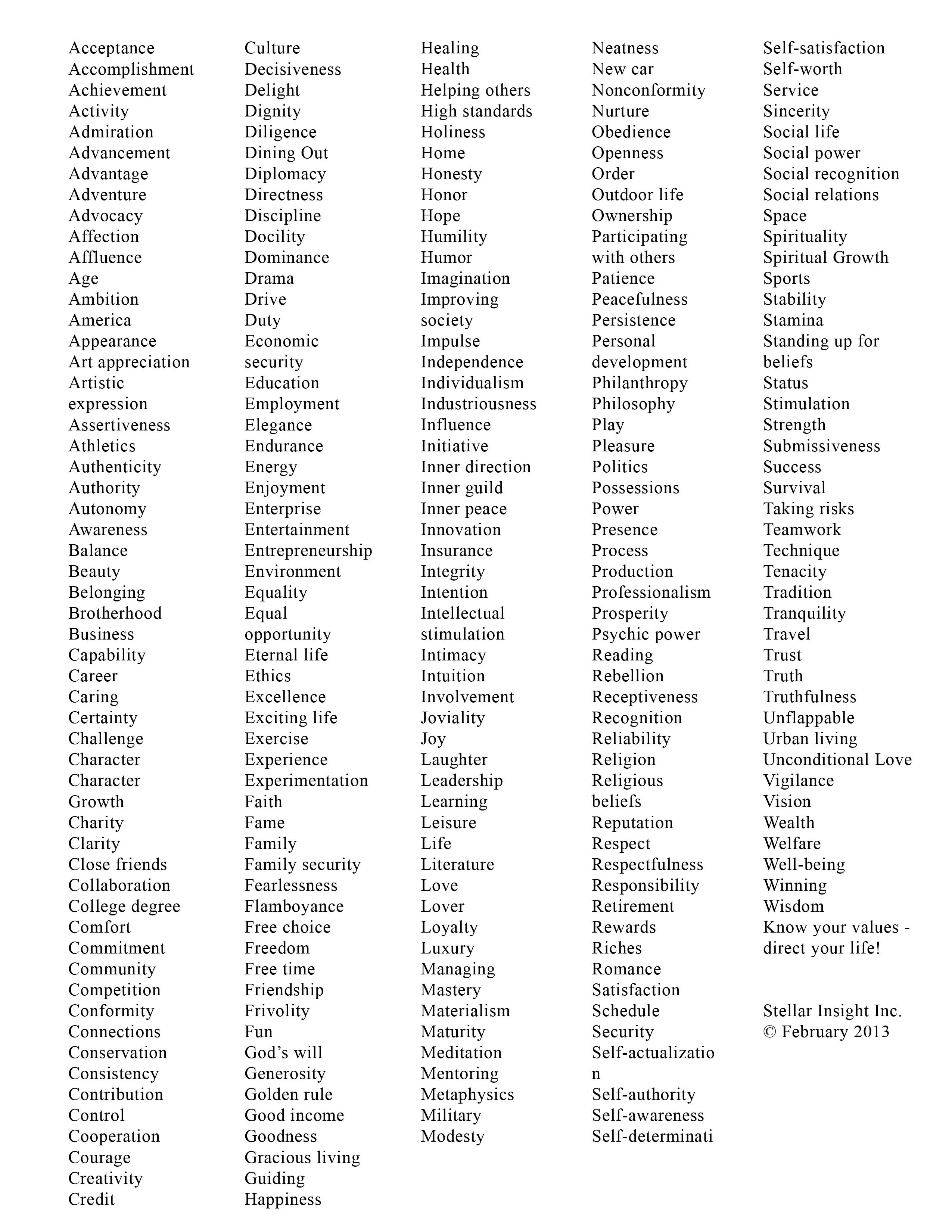 Values List 2 - Stellar Insights